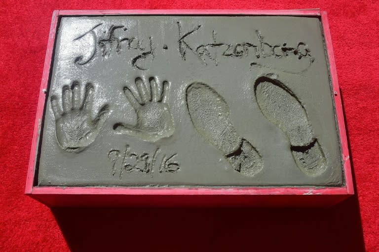 The imprints on the block of cement from Hollywood producer Jeffrey Katzenberg