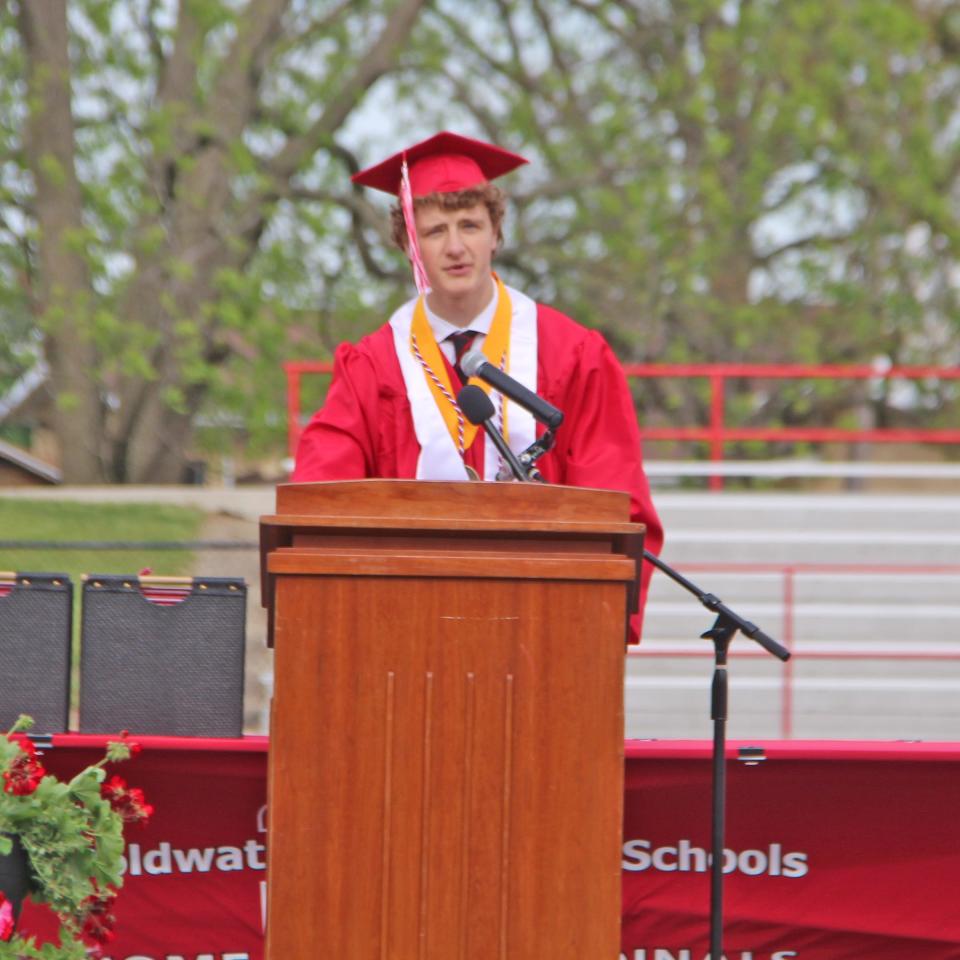 Coldwater co-valedictorian Garrett Thorne shares words of wisdom with his classmates Sunday.