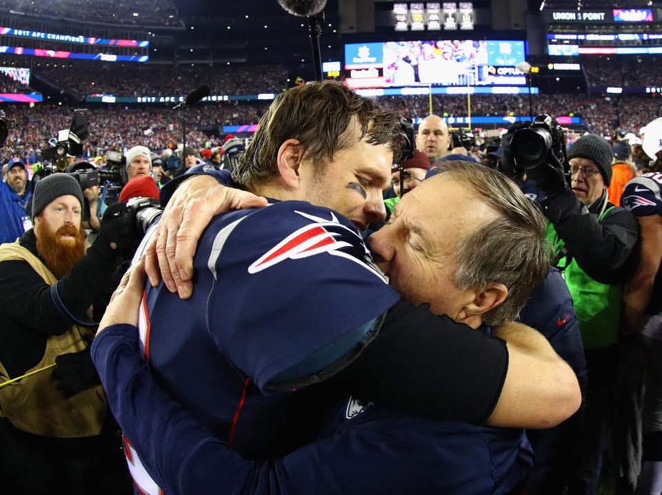 <p>Tom Brady and Bill Belichick embrace after capturing the Super Bowl</p>Getty