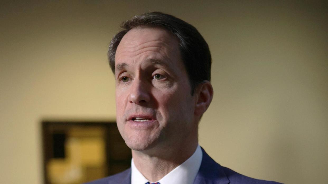 PHOTO: Rep. Jim Himes speaks to members of the press after a briefing at the U.S. Capitol, on Feb. 14, 2024, in Washington, D.C. (Alex Wong/Getty Images)