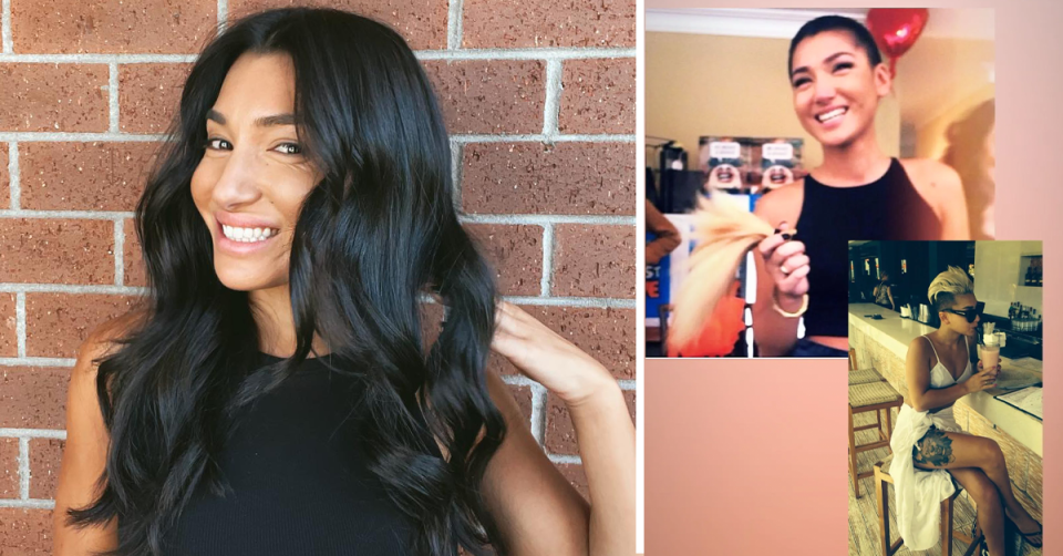MAFS' Ella Ding with long brunette hair / Ella Ding with a buzzcut.
