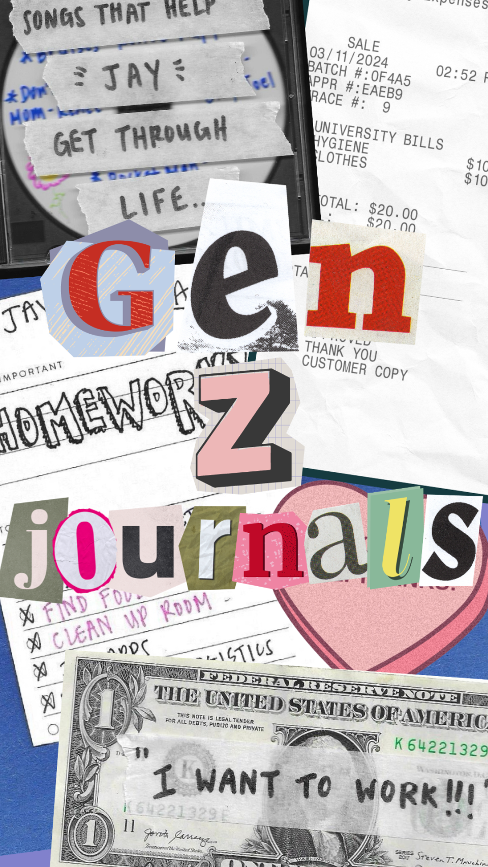 Collage of assorted notes and reminders including sale receipts, paper scraps, and journal entries, with "GEN Z journals" text overlay