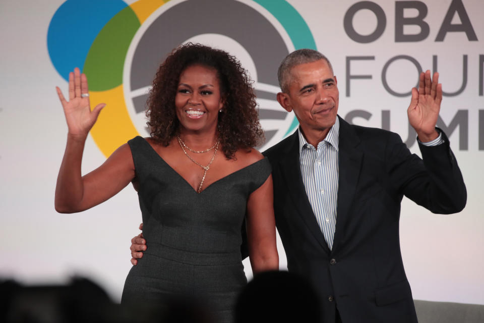 A closeup of Michelle and Barack
