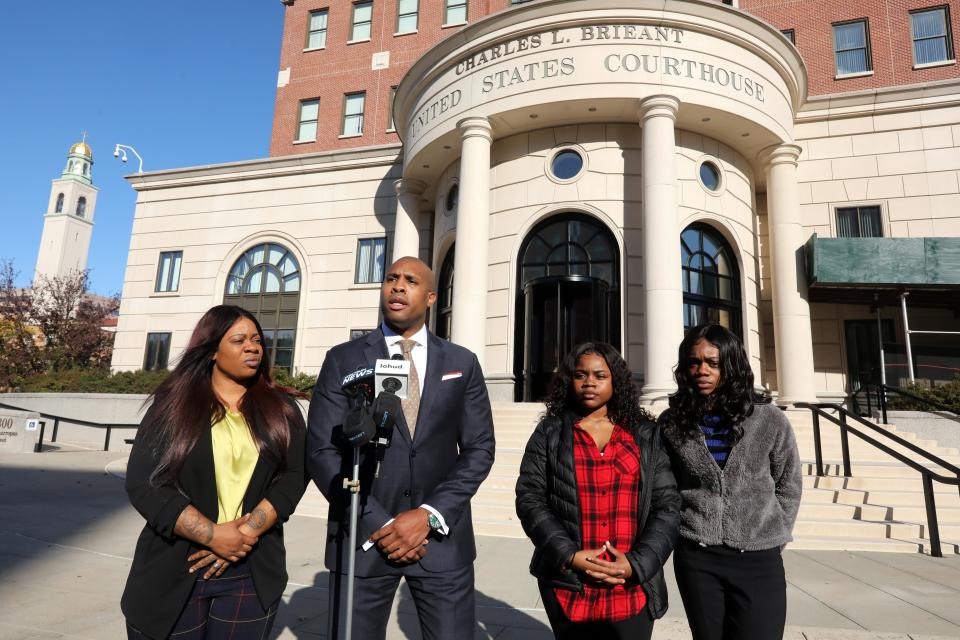 Attorney William Wagstaff III holds a press conference with Melissa Johnson of Poughkeepsie, who is suing the city for the false arrest and use of excessive force on her daughters Jamelia Barnett, 16, right, and Julissa Dawkins, 13, at White Plains Federal Court Oct. 28, 2019. 