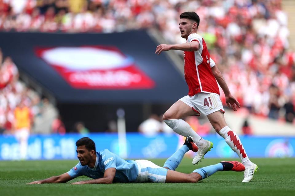 Rodri and Rice met in the Community Shield but the Spaniard was suspended in the league (The FA/Getty)