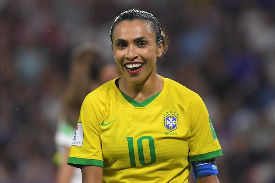 Brazil's forward Marta reacts during the France 2019 Women's World Cup round of sixteen football match between France and Brazil, on June 23, 2019, at the Oceane stadium in Le Havre, north western France. (Photo by LOIC VENANCE / AFP)        (Photo credit should read LOIC VENANCE/AFP/Getty Images)