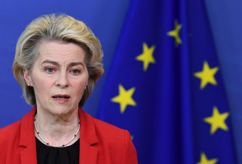 European Commission President Ursula von der Leyen gives a statement on Ukraine at the EU headquarters in Brussels, Belgium, January 24, 2022. John Thys/Pool via REUTERS