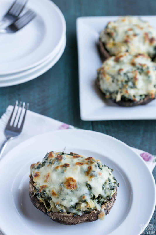 <p>Low Carb Yum</p><p>If you like spinach artichoke dip and mushrooms, you will love this combination of both.</p><p><strong>Get the recipe:</strong><a href="https://lowcarbyum.com/spinach-artichoke-stuffed-portobello-mushrooms/" rel="nofollow noopener" target="_blank" data-ylk="slk:Spinach Artichoke Stuffed Portobello Mushrooms;elm:context_link;itc:0;sec:content-canvas" class="link rapid-noclick-resp"> <strong>Spinach Artichoke Stuffed Portobello Mushrooms</strong></a></p>