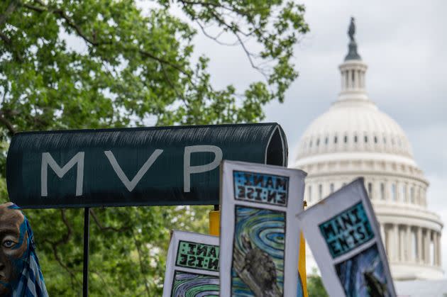 Appalachian and Indigenous climate advocates protest in Washington, D.C., last September against the Mountain Valley Pipeline project, which Sen. Joe Manchin (D-W.Va.) proposed pushing through as part of an ill-fated deal to overhaul federal permitting.