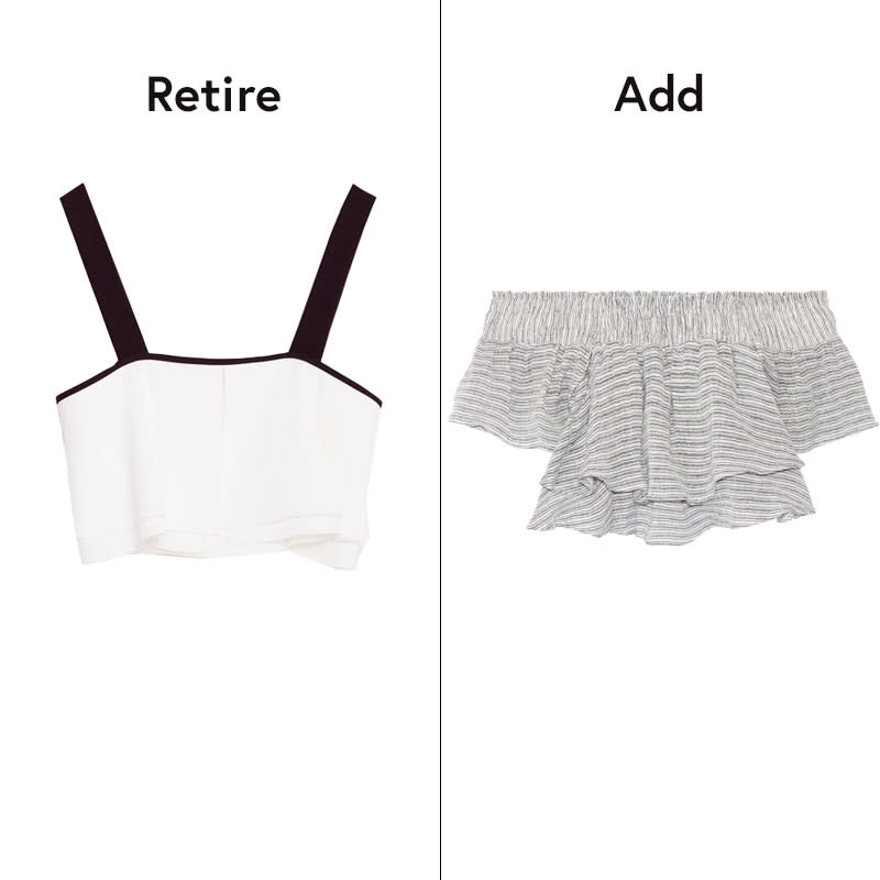 <p>While a crop top pairs well with high-waisted pieces, those that are too tight and short can make you look like you're trying too hard. Instead, switch to a longer, looser version that's off-the-shoulder for a pretty, fresh vibe.</p>