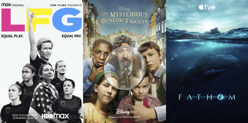 This combination of photos shows promotional art for "LFG," o documentary premiering June 24 on HBO Max, left, "The Mysterious Benedict Society," a series on Disney Plus premiering June 25 and "Fathom," a documentary premiering June 25 on Apple TV Plus. (HBO Max/Disney+/Apple TV+ via AP)