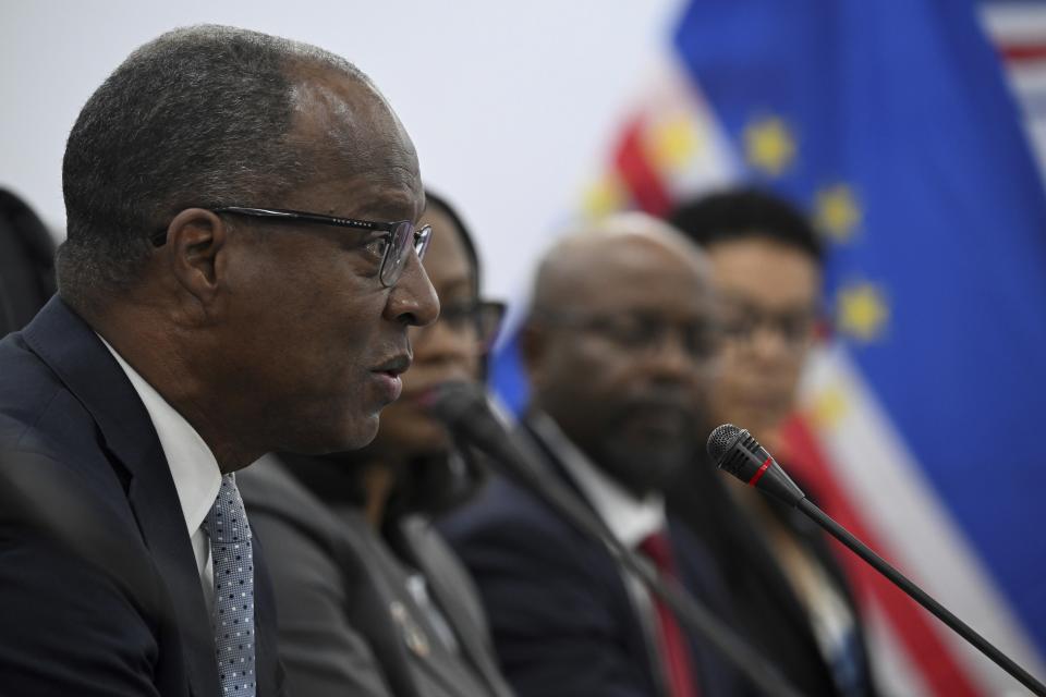 Cape Verde Prime Minister Ulisses Correia e Silva, speaks, during a meeting with US Secretary of State Antony Blinken, at the Government Palace in Praia, Cape Verde, Monday, Jan. 22, 2024. (Andrew Caballero-Reynolds/Pool Photo via AP)