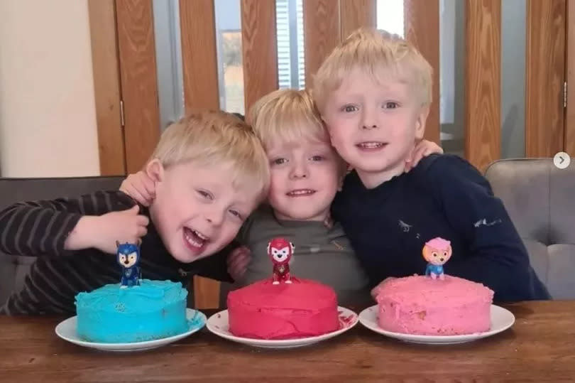 Hessle triplets, from left, Austin, Ethan and Rupert, pictured with their Paw Patrol cakes for their fourth birthdays last year