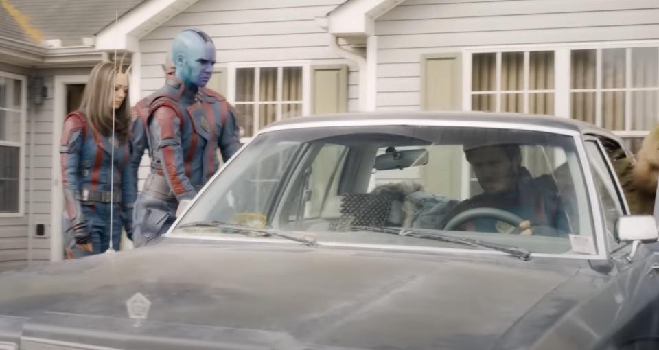 Nebula (Karen Gillan) about to embark on a car door opening quest that will annoy Peter Quill (Chris Pratt).