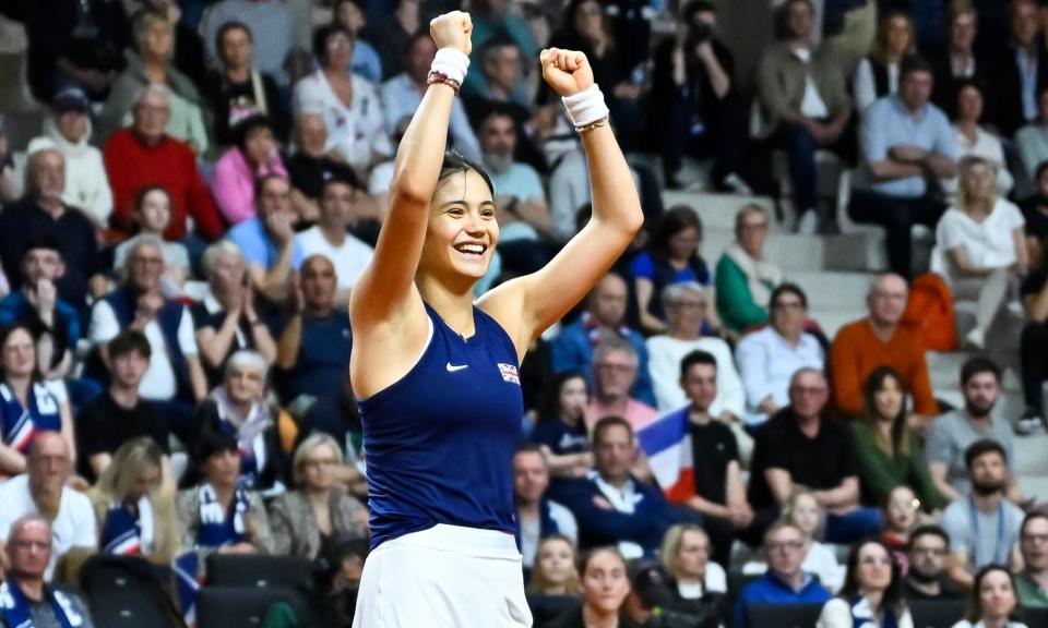 <span>Emma Raducanu celebrates victory over Diane Parry, a win from which she gained ‘a lot of positivity’. </span><span>Photograph: Aurélien Meunier/Getty Images for ITF</span>