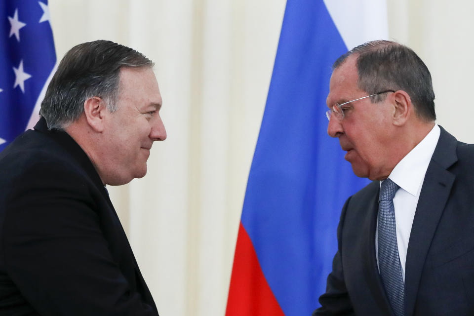 U.S. Secretary of State Mike Pompeo, left, and Russian Foreign Minister Sergey Lavrov shake hands after their joint news conference following the talks in the Black Sea resort city of Sochi, southern Russia, Tuesday, May 14, 2019. Pompeo's first trip to Russia starts Tuesday in Sochi, where he and Russian Foreign Minister Sergey Lavrov are sitting down for talks and then having a joint meeting with President Vladimir Putin. (AP Photo/Pavel Golovkin, Pool)