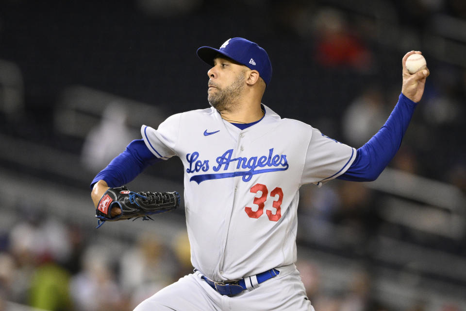 Los Angeles Dodgers relief pitcher David Price throws during the seventh inning of a baseball game against the Washington Nationals, Tuesday, May 24, 2022, in Washington. The Dodgers won 9-4. (AP Photo/Nick Wass)