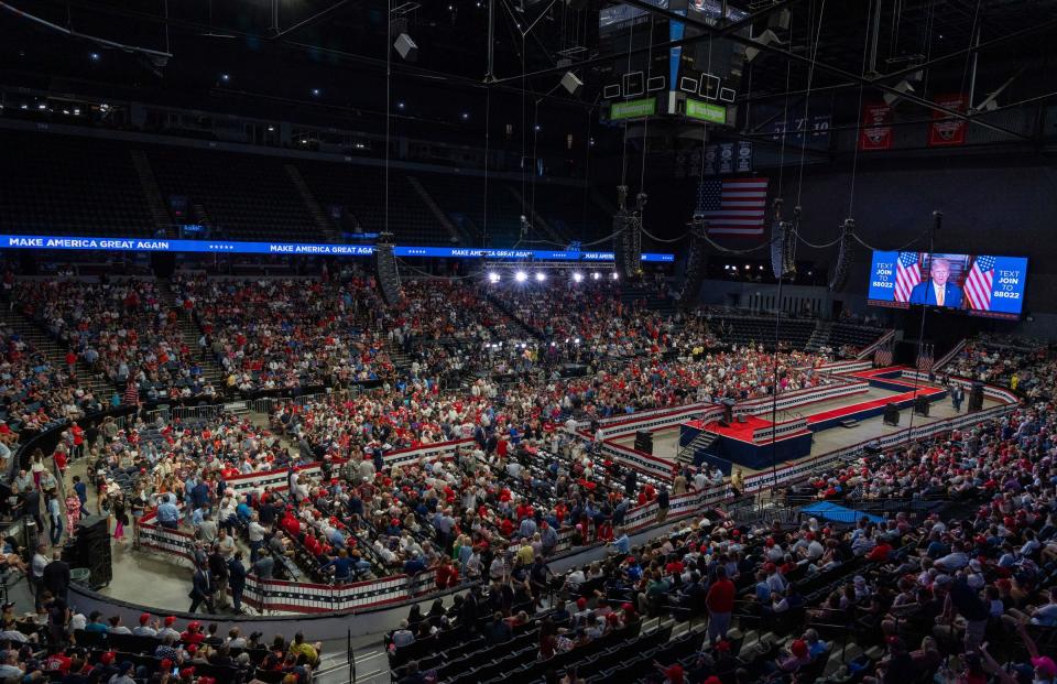 A crowd of thousands awaits to welcome former President Donald Trump and vice-presidential nominee JD Vance during his first rally since an attempted assassination in Butler, Pennsylvania, at the Van Andel Arena in Grand Rapids, Mich., on Saturday, July 20, 2024.