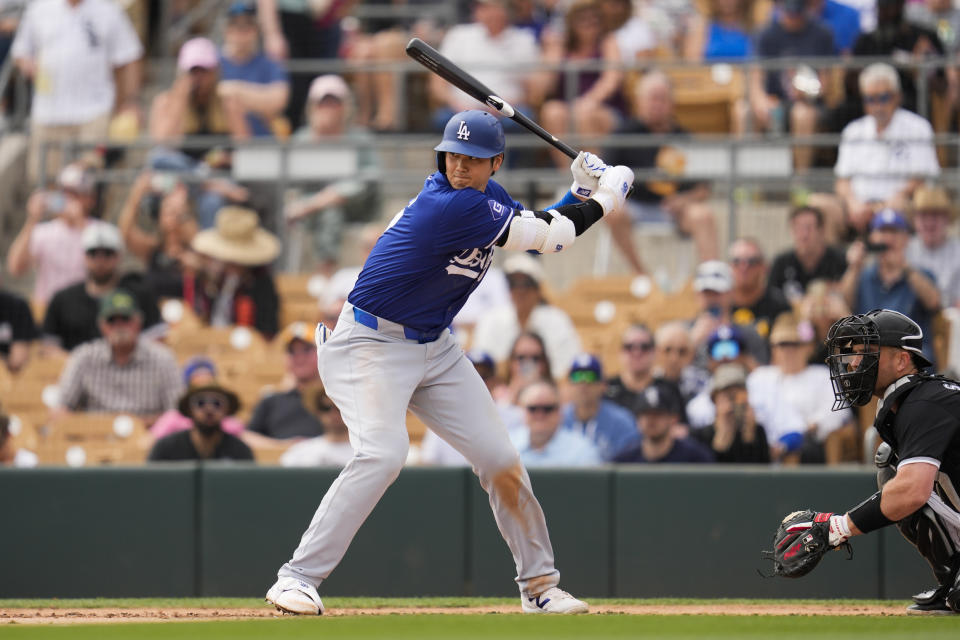 Los Angeles Dodgers designated hitter Shohei Ohtani waits for a pitch during the second inning of a spring training baseball game against the Chicago White Sox in Phoenix, Wednesday, March 6, 2024. (AP Photo/Ashley Landis)
