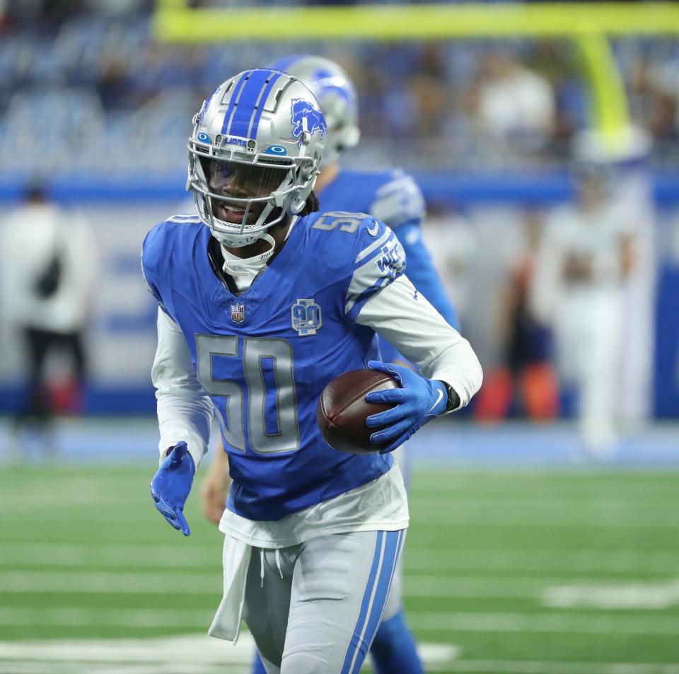 Detroit Lions quarterback Teddy Bridgewater (50) warms up before action against the Jacksonville Jaguars, Saturday, August 19, 2023 at Ford Field.