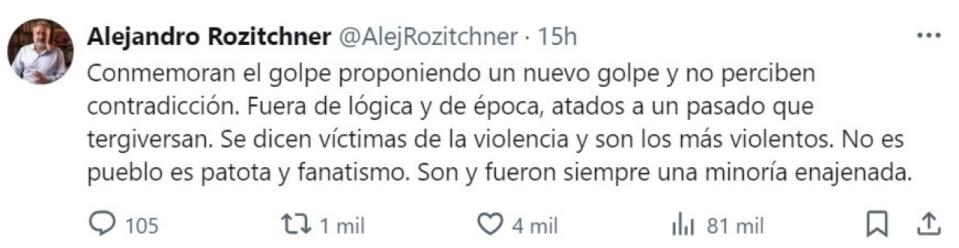 El tuit del filósofo Alejandro Rozitchner cuestionando a Estela de Carlotto, que fue replicado por Milei