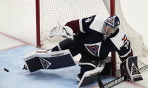 Colorado Avalanche goaltender Pavel Francouz makes a skate save of a shot against the Chicago Blackhawks in the third period of an NHL hockey game Monday, Jan. 24, 2022, in Denver. The Avalanche won 2-0. (AP Photo/David Zalubowski)