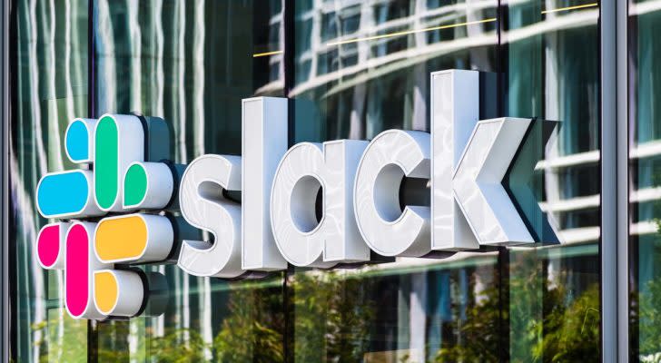 A Slack (WORK) sign on the company's headquarters in San Francisco, California.