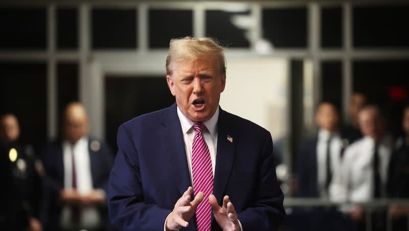 Former President Donald Trump arrives at Manhattan criminal court in New York, Friday, April 19, 2024. The jury selection in Trump’s criminal case was completed on Friday.