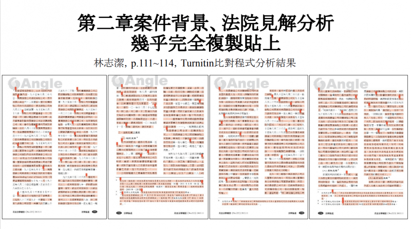 <cite>詳細比對林志潔與其指導學生論文，發現2篇論文從研究問題、多處論證、研究結論到引註都高度雷同。（邱顯智提供）</cite>