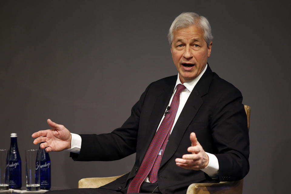 IMAGE DISTRIBUTED FOR JPMORGAN CHASE & CO. -  Jamie Dimon, Chairman and CEO, JPMorgan Chase, discusses Future of Work at JPMorgan Chase event on Monday, March 18, 2019 in New York. (Adam Hunger/AP Images for JPMorgan Chase & Co. )