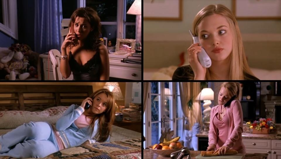 (L-R): Cady (Lindsay Lohan), Gretchen (Lacey Chabert), Karen (Amanda Seyfried) and Regina (Rachel McAdams) in "Mean Girls"