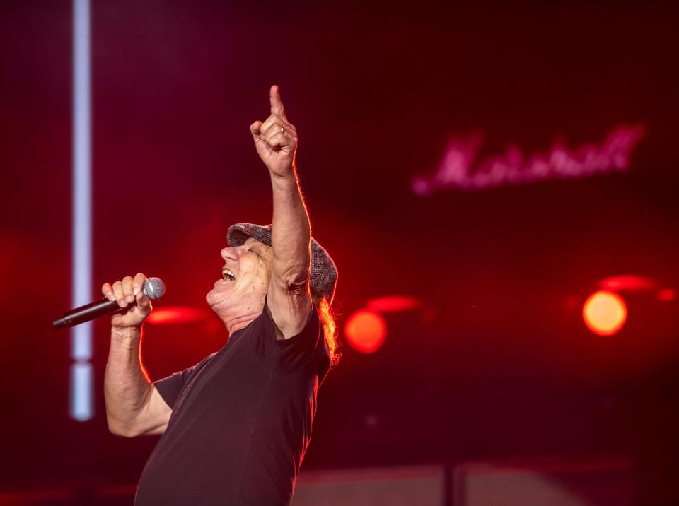 AC/DC lead vocalist Brian Johnson performs "If You Want Blood (You've Got It)" during the Power Trip Music Festival at the Empire Polo Club in Indio, Calif., Saturday, Oct. 7, 2023.