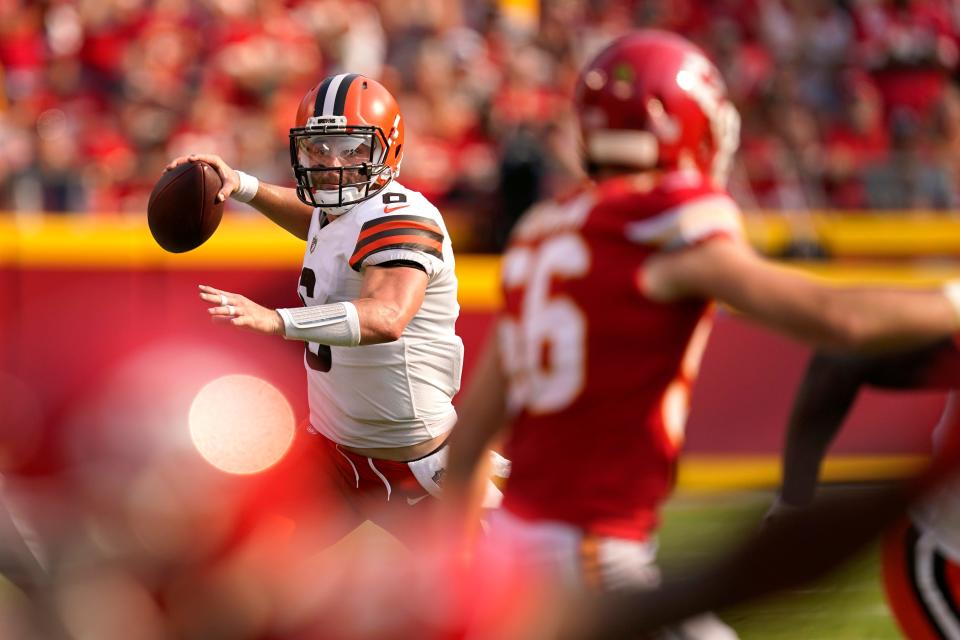 Cleveland Browns quarterback Baker Mayfield throws during the first half of an NFL football game against the Kansas City Chiefs Sunday, Sept. 12, 2021, in Kansas City, Mo. (AP Photo/Charlie Riedel)