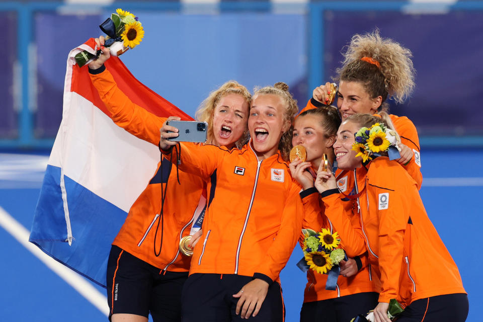 Team Netherlands pose for a selfie with their Gold Medals