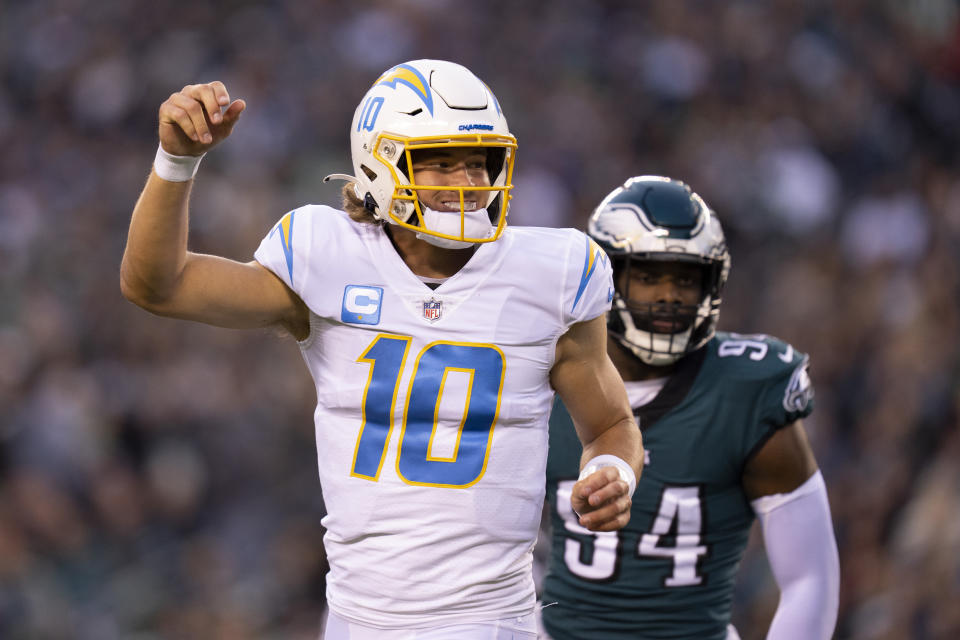 PHILADELPHIA, PA - NOVEMBER 07: Justin Herbert #10 of the Los Angeles Chargers reacts against the Philadelphia Eagles at Lincoln Financial Field on November 7, 2021 in Philadelphia, Pennsylvania. (Photo by Mitchell Leff/Getty Images)