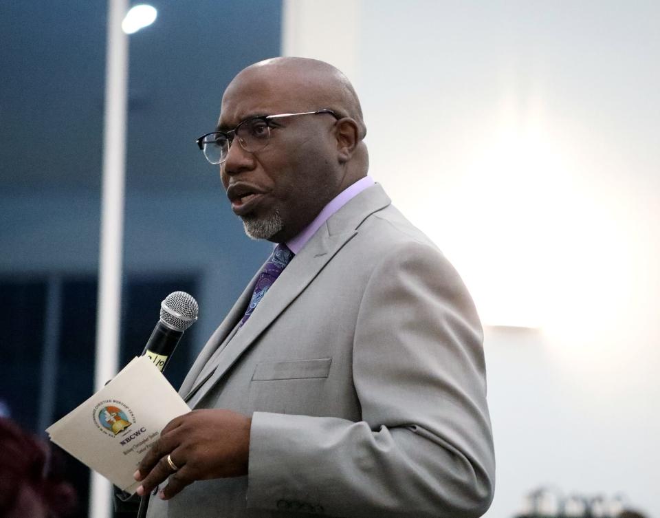 Bishop Christopher Stokes of New Beginning Worship Center in Micanopy moderates a panel during the "Boys and Girls Night Out" session of the 2022 Alachua County Empowerment Revival held last week at DaySpring Baptist Church in northeast Gainesville.  [Chasity Maynard/For The Guardian]