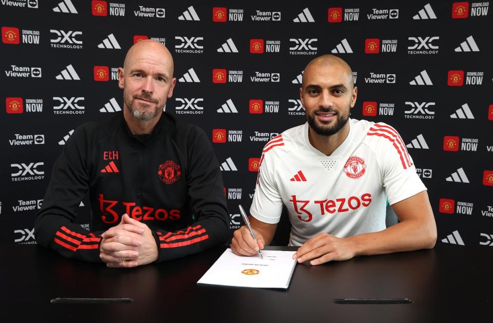 New boy: Amrabat is in line to make his Manchester United debut after the international break (Manchester United via Getty Images)