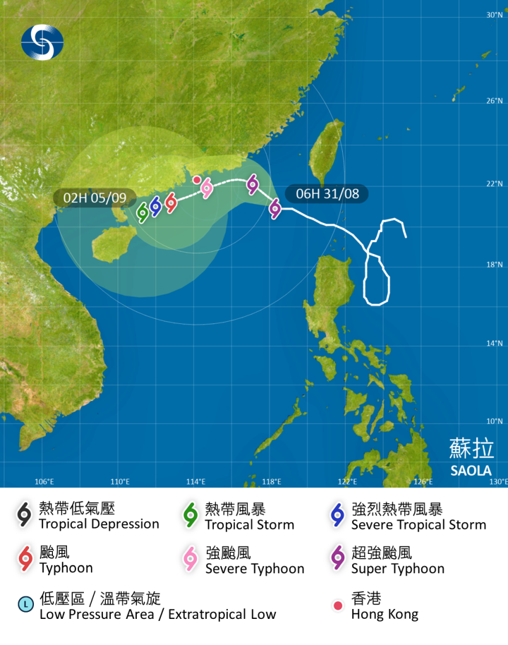 超強颱風 蘇拉 在香港時間 2023 年 08 月 31 日 06 時的最新資料。預料蘇拉今日（31 日）會採取西北方向移動，之後受到東北季候風的影響，明日（9 月 1 日）過後移向偏西南方向移動，逐漸靠近珠江口。