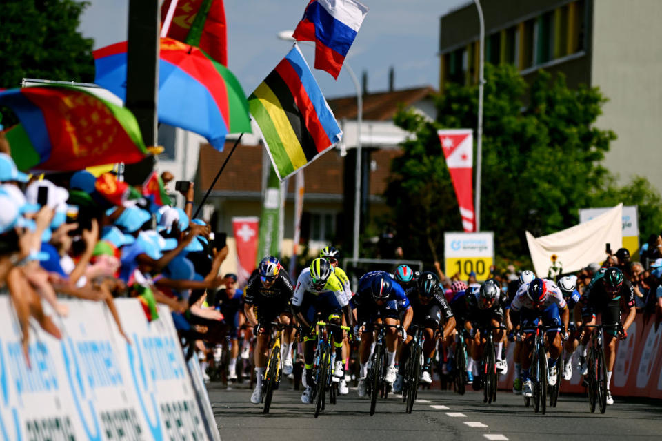 NOTTWIL SWITZERLAND  JUNE 12 A general view of Biniam Girmay of Eritrea and Team IntermarchCircusWanty Wout Van Aert of Belgium and Team JumboVisma  Black points jersey and Arnaud Dmare of France and Team GroupamaFDJ Pavel Bittner of Czech Republic and Team DSM Peter Sagan of Slovakia and Team TotalEnergies Ivn Garca Cortina of Spain and Movistar Team sprint at finish line during the 86th Tour de Suisse 2023 Stage 2 a 1737km stage from Beromnster to Nottwil  UCIWT  on June 12 2023 in Nottwil Switzerland Photo by Dario BelingheriGetty Images