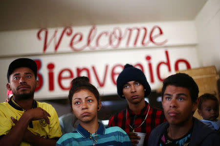 Members of a migrants caravan from Central America are pictured inside a shelter at the end of the caravan journey through Mexico, prior to preparations for an asylum request in the U.S., in Tijuana, Baja California state, Mexico April 26, 2018. REUTERS/Edgard Garrido