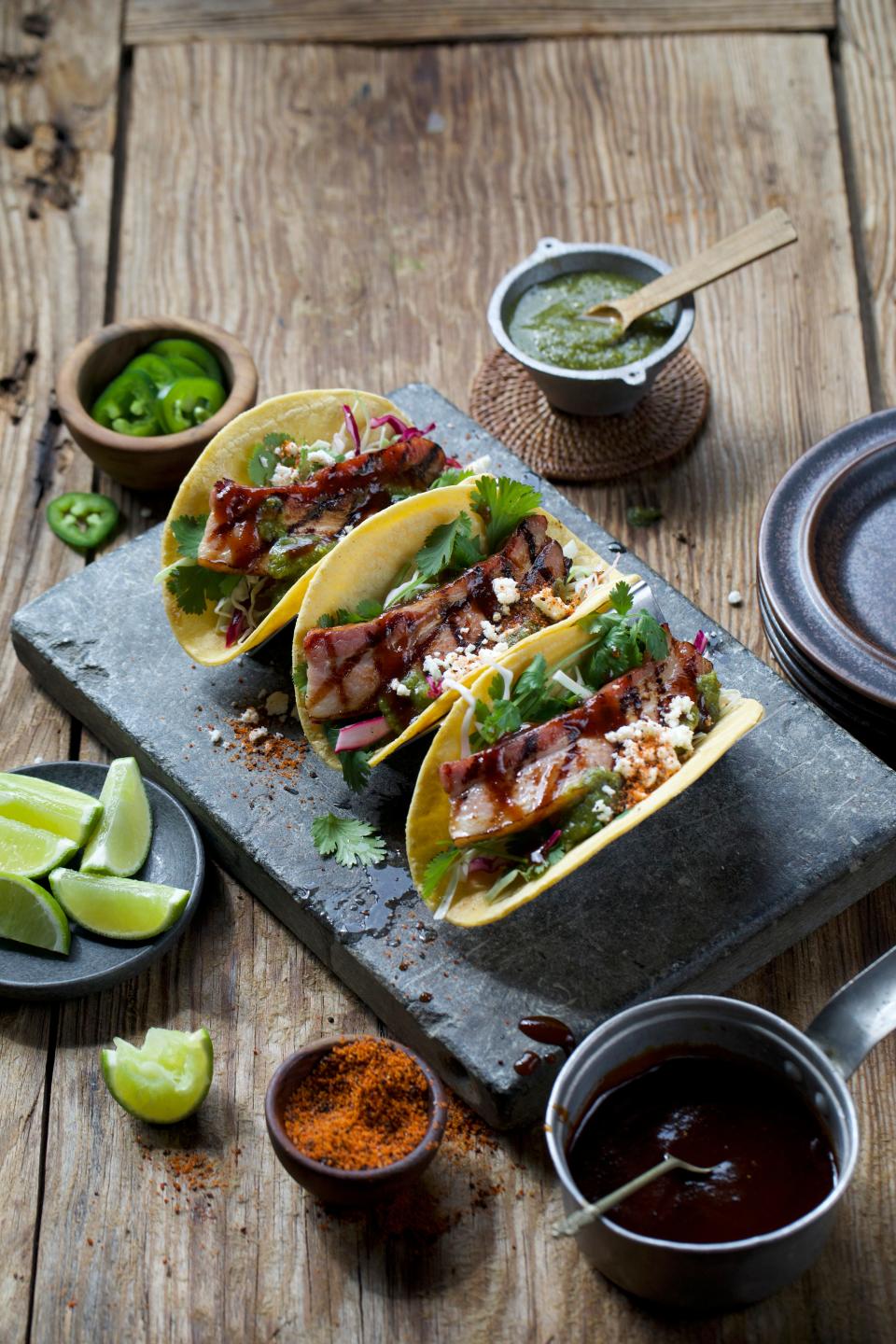 Pork belly tacos with sweet vinegar slaw from "Big Moe's Big Book of BBQ," coming out on May 7 by Moe Cason.