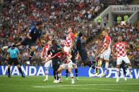 <p>Mario Mandzukic of Croatia scores an own goal for France’s first goal. (Photo by Matthias Hangst/Getty Images) </p>