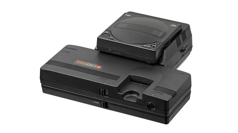 An American TurboGrafx-16 with the TurboGrafx-CD add-on attached sits on a white backdrop.