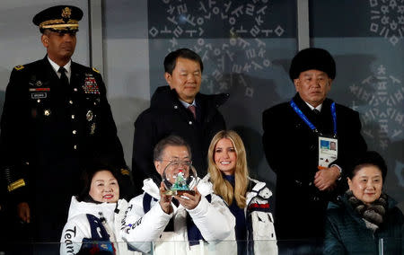 Pyeongchang 2018 Winter Olympics - Closing ceremony - Pyeongchang Olympic Stadium - Pyeongchang, South Korea - February 25, 2018 - President of the International Olympic Committee Thomas Bach, Ivanka Trump, senior White House adviser, and member of the North Korean delegation, Kim Yong-chol, attend the closing ceremony. REUTERS/Murad Sezer