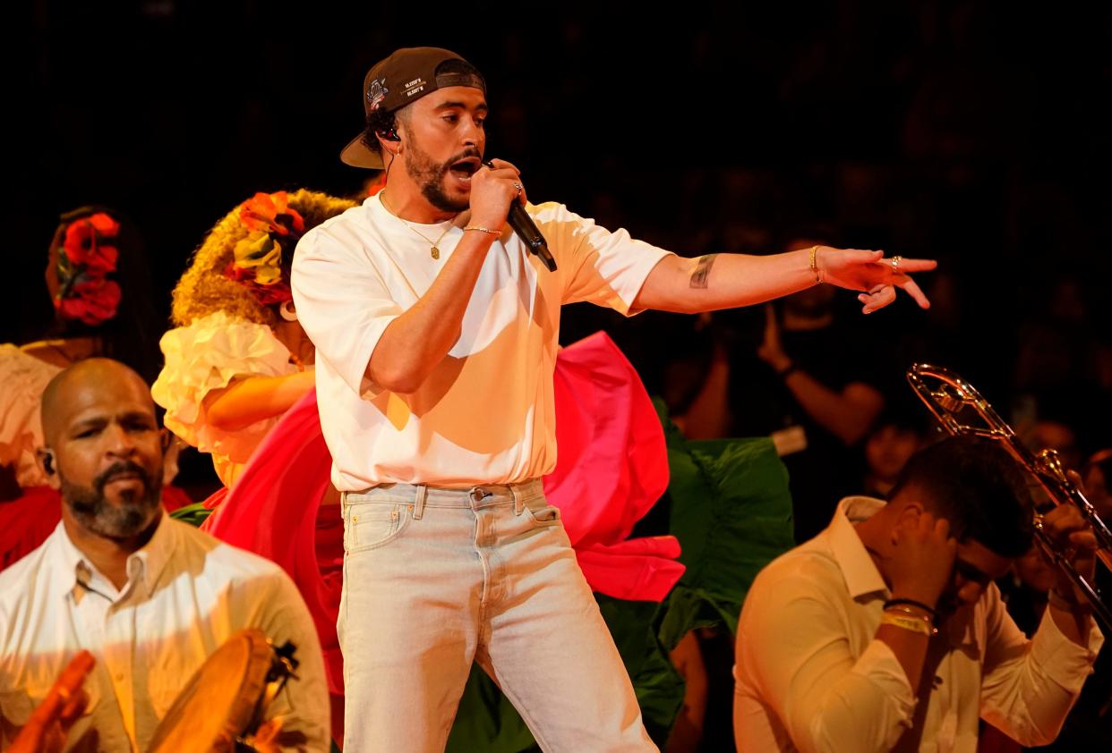 Bad Bunny performs a medley on stage at the 65th annual Grammy Awards on Sunday, Feb. 5, 2023, in Los Angeles.