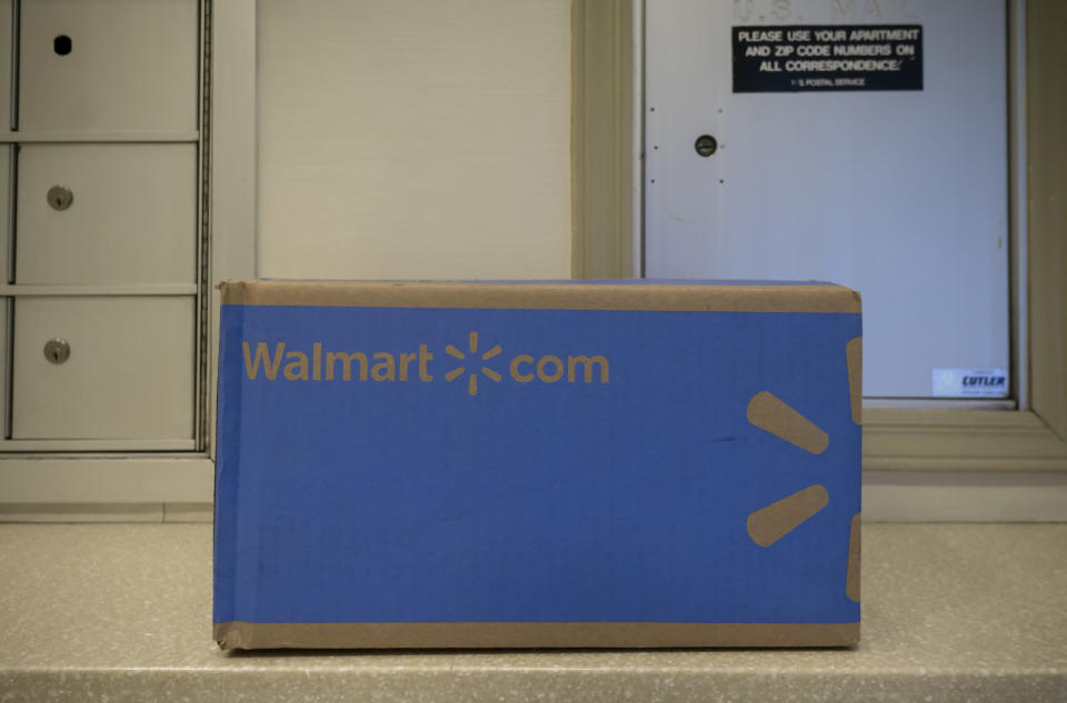 A package ordered from Walmart sits by the mailboxes in an apartment building in the Chelsea neighborhood of New York on Tuesday, October 23, 2018. (Photo by�Richard B. Levine)