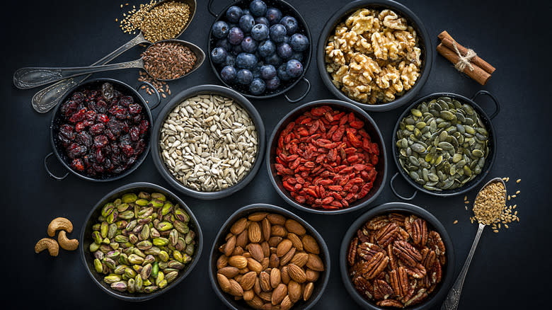 Bowls of nuts and berries