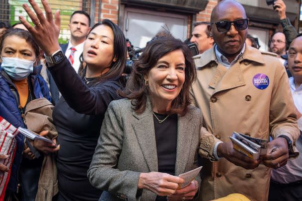 PHOTO: On election morning Gov. Kathy Hochul campaigns, Nov. 8, 2022 in the Woodside neighborhood of Queens, New York. (Photo by Andrew Lichtenstein/Corbis via Getty Images)