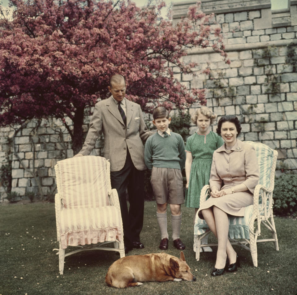 British Royals Prince Philip, Duke of Edinburgh (1921-2021), Prince Charles of Edinburgh. Princess Anne of Edinburgh, and Queen Elizabeth II (1926-2022), who sits in a wicker garden chair with her corgi Sugar asleep at her feet, in the gardens below the East Terrace on the South Front of Windsor Castle in Windsor, Berkshire, England, June 1959. (Photo by Keystone/Hulton Archive/Getty Images)