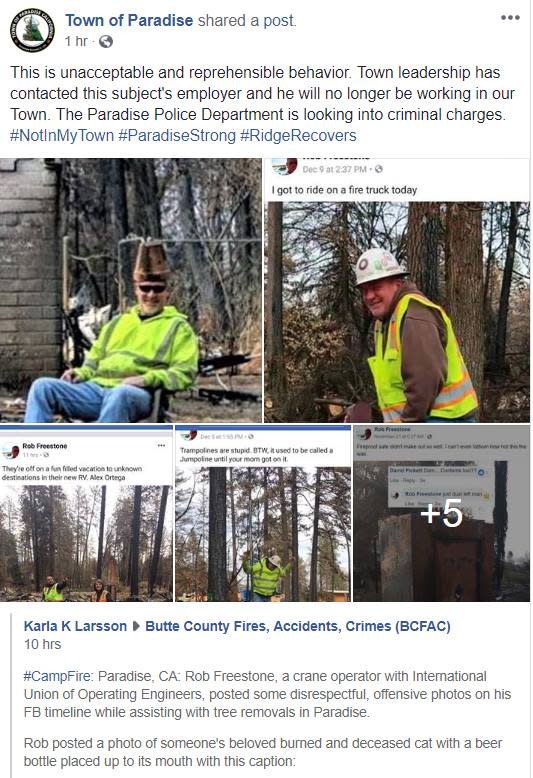 Rob Freestone appears to have posted several Facebook photos from Camp Fire cleanup sites that drew outrage from social media users.